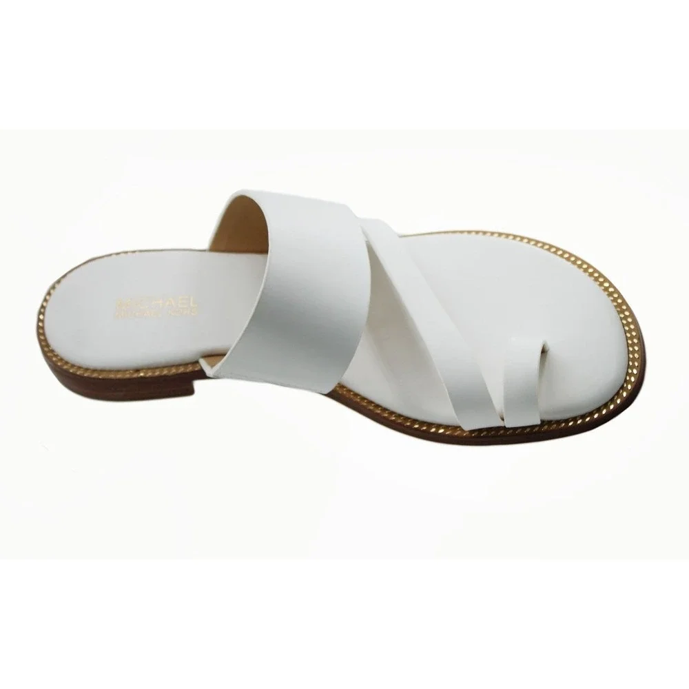 Michael Kors Womens Pratt White Leather Toe Ring Slide  Gold Bead Trim Size 5M